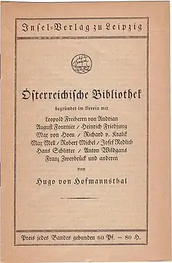 Programm der Österreichischen Bibliothek, hrsg. durch Hugo von Hofmannsthal, S. 1 und Rückseite