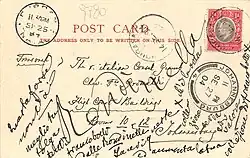 Postkarte mit Beförderung auf der Ostafrika-Linie im September 1904 (Stempel der „Mombasa Agency“ des Austrian Lloyd und der Ankunft in Durban mit Weiterleitung nach Johannesburg)