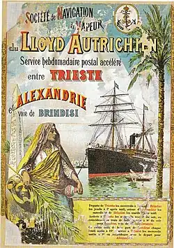 Französischsprachige Plakate des ÖL für den Ägypten-Dienst (um 1890) und für den Eildienst Triest-Alexandria von Harry Heusser (SS Wien, um 1911)