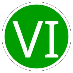 Aus SVG erzeugte Grafik, die eine magnetische Plakette beziehungsweise einen Aufkleber für ein „EUROVI sicheres“ Fahrzeug darstellt.