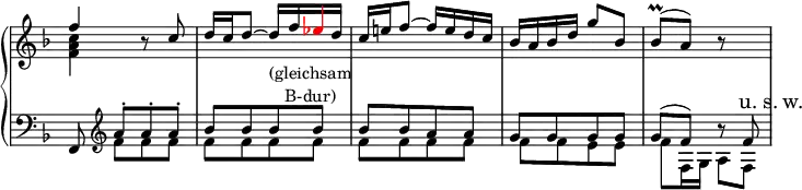 
\version "2.14.2"
\header {
  tagline = ##f
        }
upper = \relative c' {
  \override Score.TimeSignature.stencil=##f
  \key f \major
  \time 2/4
  \tempo 4 = 72
       <<
         {
           \voiceOne
           f'4 s8 c d16 c d8~ d16 f \tweak NoteHead.color #red \tweak Stem.color #red \tweak Accidental.color #red es d c e! f8~ f16 e d c bes a bes d g8 bes, bes \prall ( a) b8\rest s8
         }
         \new Voice {
           \voiceTwo
           < f a c >4 b8\rest
         }
       >>
                }

lower = \relative c' {
  \clef bass
  \key f \major
  \time 2/4

       <<
         {
           \voiceOne
          \autoBeamOff f,,8 \clef treble \autoBeamOn a''-.[ a-. a-.] bes[ bes bes^\markup { \center-column {(gleichsam B-dur)}} bes] bes[ bes a a] g[ g g g] g( f) b8\rest f
         }
         \new Voice {
           \voiceTwo
           s8 f[ f f] f[ f f f] f[ f f f] f[ f e e] f f,16 g a8 f \mark \markup { u. s. w. }
         }
       >>
}

\score {
  \new PianoStaff <<
    \new Staff = "upper" \upper
    \new Staff = "lower" \lower
  >>
  \layout {
\override Staff.TimeSignature.transparent =##t
    \context {
      \Score
      \remove "Metronome_mark_engraver"
\remove "Mark_engraver"
      \remove "Staff_collecting_engraver"
    }
    \context {
      \Staff
      \consists "Mark_engraver"
      \consists "Staff_collecting_engraver"
    }
  }
  \midi { }
}
