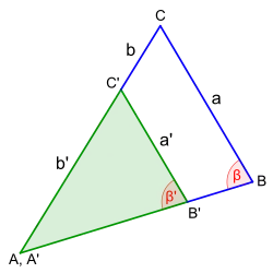 S:S:W-Satz a : a' = (b + b') : b', die den größeren Seiten gegenüberliegenden Winkel (β, β') stimmen überein