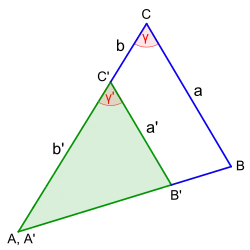 S:W:S-Satz a : a' = (b + b') : b', die eingeschlossenen Winkel (γ, γ') stimmen überein