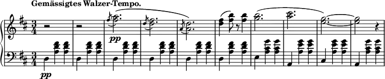 \relative b' {
\new PianoStaff <<
\new Staff { \key b \minor \time 3/4
\tempo \markup {
\column {
\line { Gemässigtes Walzer-Tempo. }
}
}
r2 s4 r2 s4 \slashedGrace fis'8( <fis a>2.\pp)\( \slashedGrace d8( <d fis>2.) \slashedGrace a8( <a d>2.)\) <d fis>4( <fis b>8) r <fis b>4 <g b>2.( <a cis>2. <e g>2.~) <e g>2 r4
}
\new Dynamics {
}
\new Staff { \key b \minor \time 3/4 \clef bass
d,,4\pp <a' d fis> <a d fis> d, <a' d fis> <a d fis> d, <a' d fis> <a d fis> d, <a' d fis> <a d fis> d, <a' d fis> <a d fis> d, <a' d fis> <a d fis> e <a cis g'> <a cis g'> a, <a' e' g> <a e' g> cis, <a' e' g> <a e' g> a, <a' cis g'> <a cis g'>
}
>>
}