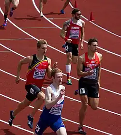 Erster Vorlauf (v.&nbsp;l.&nbsp;n.&nbsp;r.): Julien Watrin, Jarryd Dunn, Alexander Gladitz, Joel&nbsp;Burgunder