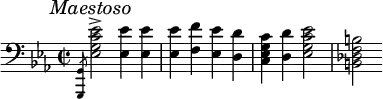 {
\clef bass \key es \major \time 2/2 \tempo 4=95
\set Score.tempoHideNote=##t
\mark \markup { \italic { Maestoso } }
\slashedGrace{ <g,, g,>8 }
<es g c' es'>2\accent <es es'>4 <es es'>4
<es es'>4 <f f'>4 <es es'>4 <d d'>4
<c es g c'>4 <d d'>4 <es g c' es'>2
<b, des f b>2
}
