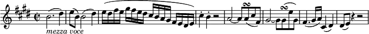  { \relative b' { \key e \major \time 2/2
b2.( _\markup { \italic "mezza voce" } dis4) | e8( b) b2( dis4) | e16([ dis fis e] gis[ fis e dis] cis[ b a gis] fis[ e dis e]) |
cis'4-. b-. r2 | a2~ a8 a( \turn cis fis,) |
gis2~ gis8  gis( \turn e' gis,) | fis4.( gis16 a) cis,4( dis) | dis8( e) r4 r2 }}
\layout { \context { \Score \override SpacingSpanner.common-shortest-duration = #(ly:make-moment 1/4) }} 