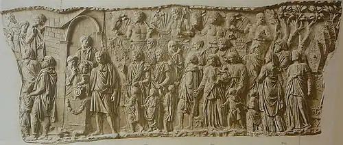 Relief der Trajanssäule: Begrüßung Trajans durch Barbaren