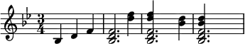 {\key bes \major \time 3/4 bes d' f' <<{<bes d' f'>2.} {\skip2 <d'' f''>4}>> <<{<bes d' f'>2.} {<d'' f''>4 \skip4 <bes' d''>4}>> <<{<bes d' f'>2.} {<bes' d''>4 \skip2}>> }