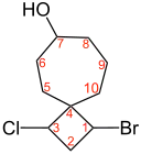 Positionen der Substituenten: 1-Brom-3-chlor-spiro[3.6]decan-7-ol