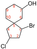 Positionen der Substituenten: 1-Brom-3-chlor-spiro[4.5]decan-7-ol