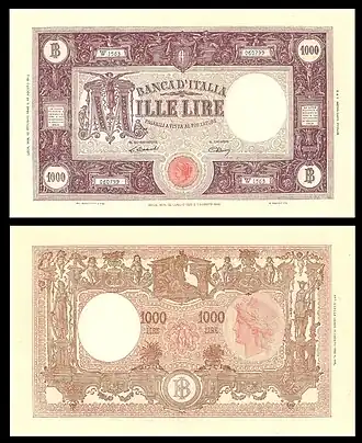 Italia turrita auf der italienischen 1000-Lire-Banknote, die zwischen 1946 und 1950 ausgegeben wurde