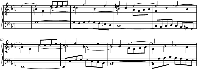 
\header {
  tagline = ##f
}
upper = \relative c'' {
  \set Score.currentBarNumber = #46
  \clef treble
  \key es \major
  \time 2/2
  \tempo 4 = 120

<< 
   { \partial 2 f2~ | f es8[ d es f] | d4 g2 f4 | e c f2~ | f es!~ | es d8[ c d es] | c4 f2 es4 | d bes es2~ | es des!~ | }
   \\ 
   { s2 | b4 g c2~ | c bes~ | bes as8[ g as bes] | g4 c2 bes4 | a4 f bes2~ | bes as!~ | as g8[ f g as] | f4 bes2 as4 }
>>
}

lower = \relative c' {
  \override Score.TimeSignature.stencil=##f
  \clef bass
  \key es \major
  \time 2/2
  \tempo 4 = 120

   { s2 | g1~ | g8[ f g as] g[ f e d] | c1~ | c8[ bes c d] c[ bes a g] | f1~ | f8[ es' f g] f[ es d c] | bes1~ | bes8[ as' bes c] bes[ as g f] }

}

\paper { indent = 0 }
\score {
    \new PianoStaff <<
      \new Staff = "upper" \upper
      \new Staff = "lower" \lower
    >>
  \layout {
    \context {
      \Score
      \remove "Metronome_mark_engraver"
    }
  }
  \midi { }
}
