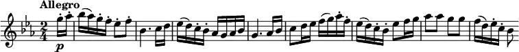 \version "2.14.2"
\relative c'' {
\clef "treble"
\tempo "Allegro"
\key ees \major
\time 2/4
\tempo 4 = 120
\partial 4 \partial 8 g'16-.\p aes-.
bes (aes) g-. f-. ees8-. f-.
bes,4. c16 d
ees (d) c-. bes-. aes g aes bes
g4. aes16 bes
c8 d16 ees f (g) aes-. f-.
ees (d) c-. bes-. ees8 f16 g
aes8 aes g g
f16 (d) ees-. c-. bes8
}