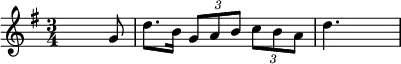 {\key g \major \time 3/4 \skip4 \skip4. g'8 d''8. b'16 \times 2/3 {g'8 a' b'} \times 2/3 {c'' b' a'} d''4. \skip4.}
