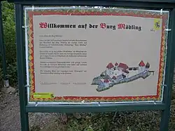 Tafel des Lehrpfades in der Burg mit rekonstruierter Darstellung der Burg im intakten Zustand