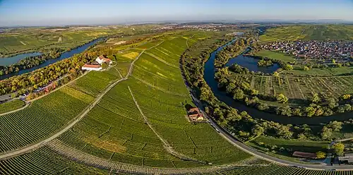 Die Mainschleife mit der Vogelsburg im Zentrum (Ansicht aus Westen, Oktober 2015)