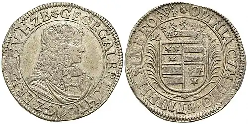Gulden-Prägung aus der Münze der Grafschaft Erbach von 1675 mit Georg Albrecht, Graf zu Erbach und Herr zu Breuberg (Avers), und dem erbach-breubergischen Wappen (Revers).