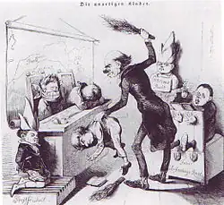 Karikatur eines Lehrers mit Rute „Die unartigen Kinder“ (1849)