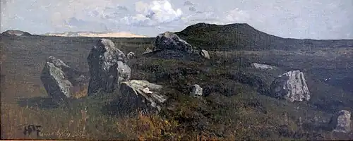 Hans Peter Feddersen Hünengräber auf Sylt, 1872, Öl auf Leinwand 27&nbsp;cm ×&nbsp;68,5&nbsp;cm, Kunsthalle zu Kiel