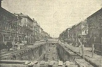 Bau der U-Bahn Linie M1 Budapest-Terézváros. Theresienstadt (heute noch in Betrieb), 1896