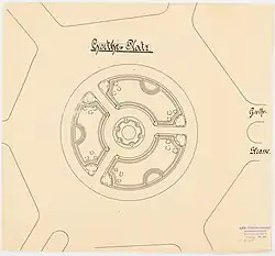 Nach Plänen von Julius Trip 1902 von Erwin Barth gezeichnete Draufsicht der Grünanlage; Architekturmuseum der TU Berlin