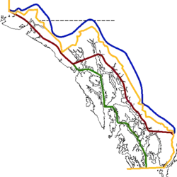 von den Vereinigten Staaten beanspruchte Grenzziehung vom Vereinigten Königreich beanspruchte Grenzziehung 1903 einvernehmlich festgelegter Grenzverlauf