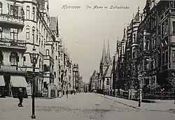 Blick durch die Straße Im Moore in Richtung Lutherkirche; Ansichtskarte um 1900