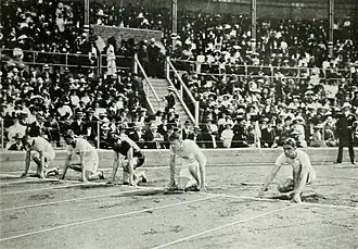 Start des Finales (v.&nbsp;l.&nbsp;n.&nbsp;r.): Frank&nbsp;Belote, Donald&nbsp;Lippincott, George&nbsp;Patching, Ralph&nbsp;Craig, Alvah&nbsp;Meyer