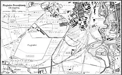 Karte vom Flugplatz Braunschweig-Broitzem mit den Gebäuden der Verkehrsfliegerschule in der Nordecke des Platzes, 1929