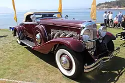 Aufrechte Kühlermaske, frei stehende Scheinwerfer, geschwungene Kotflügel, Sidepipes, Trittbretter beim Duesenberg SJ (1934)[2] und Imitate beim Stutz Blackhawk III (1974)