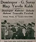 Zeitungsbericht von Yeni Sabah (24. Juli 1939), dabei ein Ausschnitt wie Erdem von der Polizei vom Spielfeld heraus eskortiert wird.