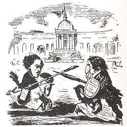 Karikatur von zwei Männern, die auf Pferden mit beschrifteten Kuvertüren aufeinander zureiten. Der linke Mann trägt einen Pinsel und einen Eimer mit Aufschrift. Der rechte Mann trägt einen Füllfederhalter und einen Schild mit Aufschrift. Im Hintergrund steht ein Kuppelbau mit Säulen und Rundbögen.