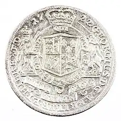 Königliches Wappen Großbritanniens (1714–1801) mit dem Band des Hosenbandordens auf einem Taler König Georgs I. als Kurfürst von Braunschweig-Lüneburg, 1722