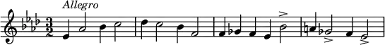 {
\clef violin \key as \major \time 3/2 \tempo 4 = 120
\set Score.tempoHideNote = ##t
es'4 ^\markup{\italic{Allegro}} as'2 bes'4 c''2
des''4 c''2 bes'4 f'2
f'4 ges' f' es' bes'2\accent
a'4 ges'2\accent f'4 es'2\accent
}
