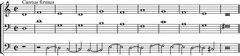 \new ChoirStaff <<
\new Staff <<
\set Score.tempoHideNote = ##t
\tempo 2 = 88
\time 2/2
\set Score.skipBars = ##t
\relative c'
{ d1^"Cantus firmus" f e d g f a g f e \override NoteHead.style = #'baroque d\breve \bar "||" }
>>
\new Staff <<
\clef "bass"
\relative c { d1 d' g, g b a f c' a g \override NoteHead.style = #'baroque fis\breve }
>>
\new Staff <<
\clef "bass"
\relative c { r1 r2 d ~ d c ~ c b ~ b e ~ e d ~ d f ~ f e ~ e d ~ d cis \override NoteHead.style = #'baroque d\breve }
>>
>>