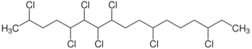 Struktur von 2,5,6,7,8,11,15-Heptachlorheptadecan als Beispiel eines mittelkettigen Chlorparaffins mit einem Chlorgehalt von 52 Massenprozent