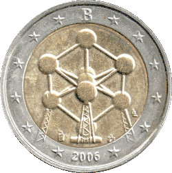Abbildung des Atomiums auf der 2-Euro-Gedenkmünze Belgiens 2006