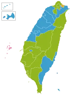 Regionale Mehrheiten bei der Wahl: ﻿Mehrheit für die pan-blaue Koalition ﻿Mehrheit für die pan-grüne Koalition ﻿Mehrheit für die Unparteiische Solidaritätsunion