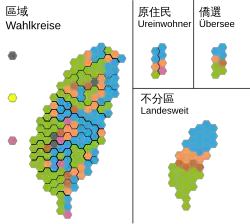 Wahlkreisergebnisse für die 176 in den Wahlkreisen gewählten Abgeordneten, sowie die jeweils 8 durch die Ureinwohner und Auslandstaiwaner, und die 41 über Landeslisten gewählten Abgeordneten in hexagonaler Darstellung (Farben wie beschrieben)