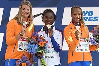 Siegerehrung (v.&nbsp;l.&nbsp;n.&nbsp;r.): Dafne&nbsp;Schippers, Dina Asher-Smith, Jamile&nbsp;Samuel