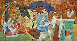 Keramikrelief Kaffeehausszene von Helmut Leherb im Donaupark in Wien