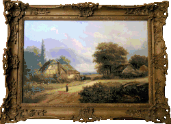 Mittelenglische Landschaft, Bauernhof mit Hühnern und Teich, Kirche im Hintergrund, Privatbesitz