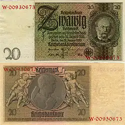 20 RM Druck Juni 1936 VS: Kopfbildnis Werner von Siemens RS: Allegorie Handwerk
