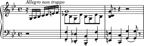 {
  \set Score.tempoHideNote = ##t
  \new PianoStaff <<
    \new Staff { \clef violin \key bes \major \time 4/4 \tempo 4 = 150
      \partial 2 r16(^\markup{\italic{Allegro non troppo}} g a bes c' d' e' f'
      << { \voiceOne
        g'1
      }
      \new Voice { \voiceTwo
        des'8 bes g des' bes g des' bes
      } >> \oneVoice
      <bes c' g'>8 r8 r4 r2
    }
    \new Staff { \clef bass \key bes \major \time 4/4
      \partial 2 r2
      <f,\staccato f>4 <des,\staccato des> <bes,,\staccato bes,> <f,\staccato f>
      <e, e> <c, c> <g, g>4( <g, g>8) r
    }
  >>
}