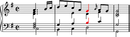 \header {tagline = ##f}
upper = \relative c'' {
\clef treble
\key g \major
\time 2/2
\tempo 4 = 92
<<
{
\voiceOne
s2 a4. b16 c d8 e c a \tweak NoteHead.color #red \tweak Stem.color #red g4 \grace b16 a8 g <g d b>2 \bar "||" }
\new Voice {
\voiceTwo
s2 <d fis>4. s8 s4 e d fis }
>>
}
lower = \relative c {
\clef bass
\key g \major
<<
{
\voiceOne
s2 <d fis a> g4 a \tweak NoteHead.color #red \tweak Stem.color #red b c g2 }
\new Voice {
\voiceTwo
s2 c, b4 c d2 g, }
>>
}
\score {
\new PianoStaff <<
\new Staff = "upper" \upper
\new Staff = "lower" \lower
>>
\layout {
\context {
\Score
\remove "Metronome_mark_engraver"
}
}
\midi { }
}