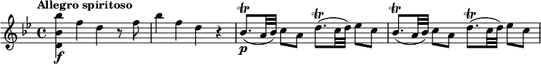 \relative c''' {
\override Score.NonMusicalPaperColumn #'line-break-permission = ##f
\version "2.18.2"
\tempo "Allegro spiritoso"
\key bes \major
\tempo 4 = 120
<bes bes, d,>4\f f d r8 f |
bes4 f d r |
bes8.\trill\p( a32 bes) c8 a d8.\trill( c32 d) es8 c |
bes8.\trill( a32 bes) c8 a d8.\trill( c32 d) es8 c |
}