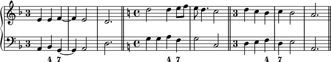 \version "2.14.2"
\header {
tagline = ##f
}
melody = \relative c' {
% \override Score.TimeSignature.stencil=##f
\key f \major
\once \override Staff.TimeSignature.style = #'single-digit
\time 3/4
\tempo 4 = 132
e4 e f~ | f e2 | d2. \bar "||" \set Staff.explicitKeySignatureVisibility = #all-invisible
\override Staff.KeySignature.break-visibility = #all-invisible \key c \major
\time 4/4 d'2 d4 e8 f | e d4. c2 \bar "||"
\once \override Staff.TimeSignature.style = #'single-digit \time 3/4 d4 c b | c b2 | a2. \bar "||" }
bass = \relative c {
% \override Score.TimeSignature.stencil=##f
\clef bass
\key f \major
\once \override Staff.TimeSignature.style = #'single-digit
\time 3/4
a4 bes g~ | g a2 | d2.
\set Staff.explicitKeySignatureVisibility = #all-invisible
\override Staff.KeySignature.break-visibility = #all-invisible \key c \major
\time 4/4 g4 g a f | g2 c,2
\once \override Staff.TimeSignature.style = #'single-digit \time 3/4 d4 e f | d e2 | a,2. }
\score {
\new PianoStaff
<< \new Staff = "melody" \melody
\new Staff = "bass" \bass
\new FiguredBass { \figuremode { s4 <4> <7> | s2. s2. s2 <4>4 <7> | s1 s2 <4>4 <7> } } >>
\layout {
\context {
\Score
\remove "Metronome_mark_engraver"
\remove "Staff_collecting_engraver"
\remove "Bar_number_engraver"
}
indent = 0
}
\midi { }
}