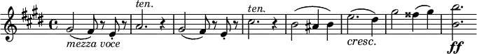 \relative gis' {
\key e \major \time 4/4
gis2( _\markup { \italic "mezza voce" } fis8) r e-. r
a2. ^\markup { \italic "ten." } r4
gis2( fis8) r e-. r
cis'2. ^\markup { \italic "ten." } r4
b2( ais4 b) | e2.( \cresc dis4) \! | gis2 fisis4( gis) | <b b,>2. \ff
}