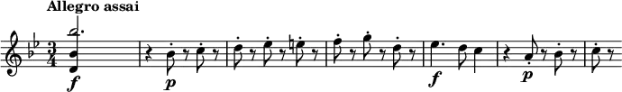 \relative c''' {
\tempo "Allegro assai"
\key bes \major
\time 3/4
\tempo 4 = 100
<<
{ bes2.\f | } \\
{ \stemUp <bes, d,>4 s2 | }
>>
r4 bes8-.\p r c-. r |
d8-. r es-. r e-. r |
f8-. r g-. r d-. r |
es4.\f d8 c4 |
r4 a8-.\p r bes-. r |
c8-. r
}